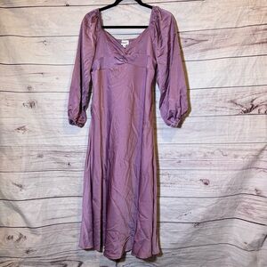 &Merci Long Sleeve Satin Elegant Purple Women's V-Neck Maxi Silky Dress Medium